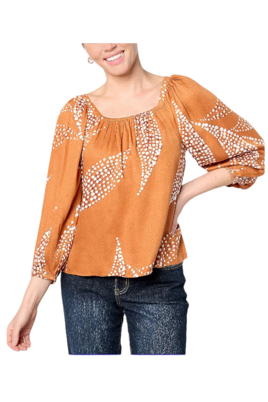 Destination 365 Printed Square Neck Puff Sleeve Top Adobe - Regular